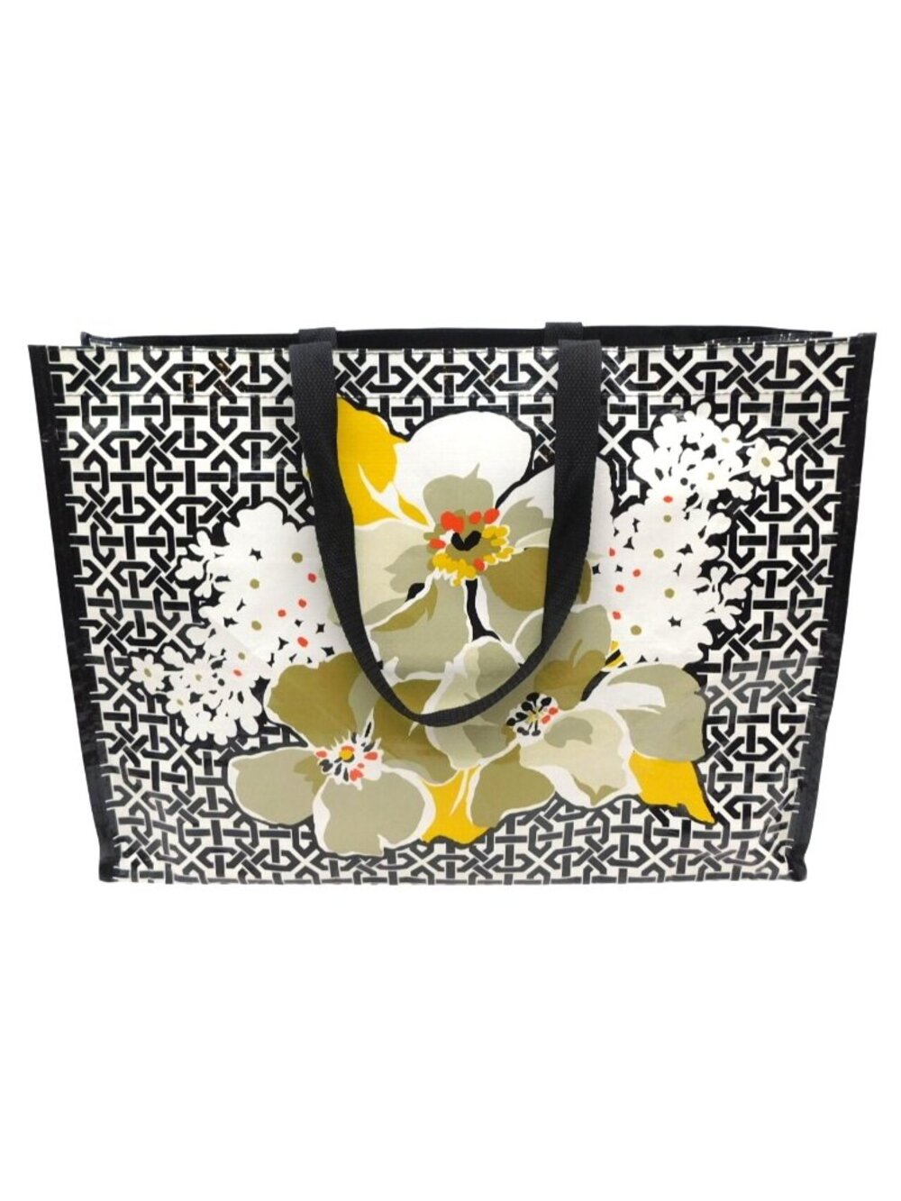 Vera Bradley Dogwood Market Floral Print Shopping Tote Bag Black White Yellow